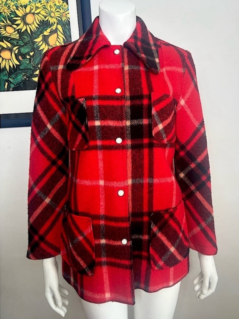 Vintage 70’s Red Plaid Wool-Blend Jacket Coat with dagger collar
